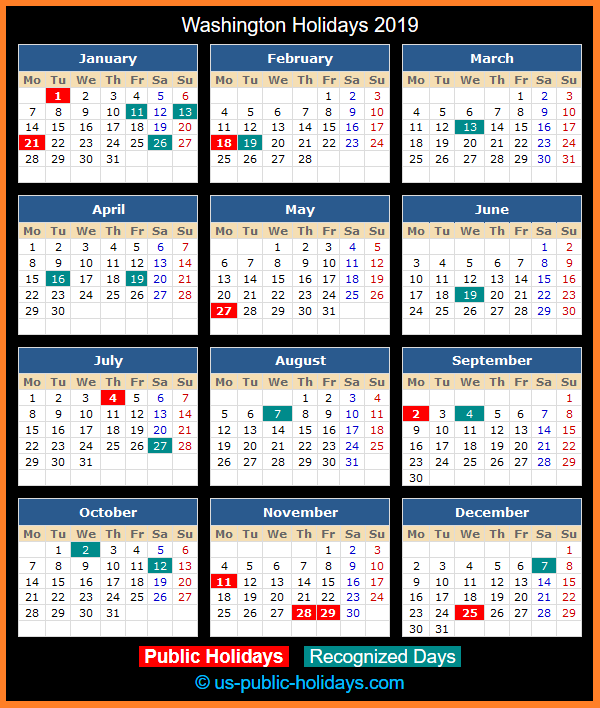 Washington Holiday Calendar 2019